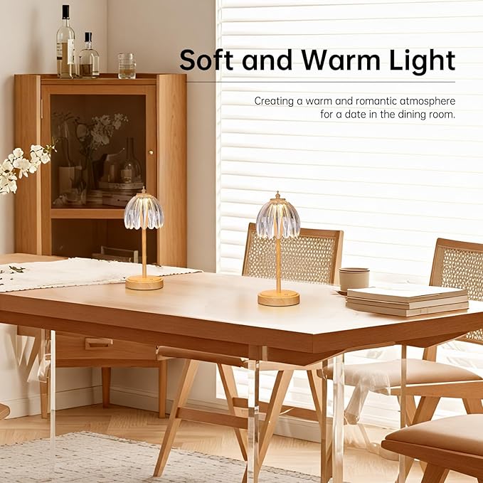 Shenmoyl Tulip Table Lamp with 5200mAh Battery & Touch Control, Small Cordless Table Lamp with 3 Colors, Rechargeable Battery Operated Table Lamps for Bedroom, Desk, Bedside (Transparent-Beech Color)