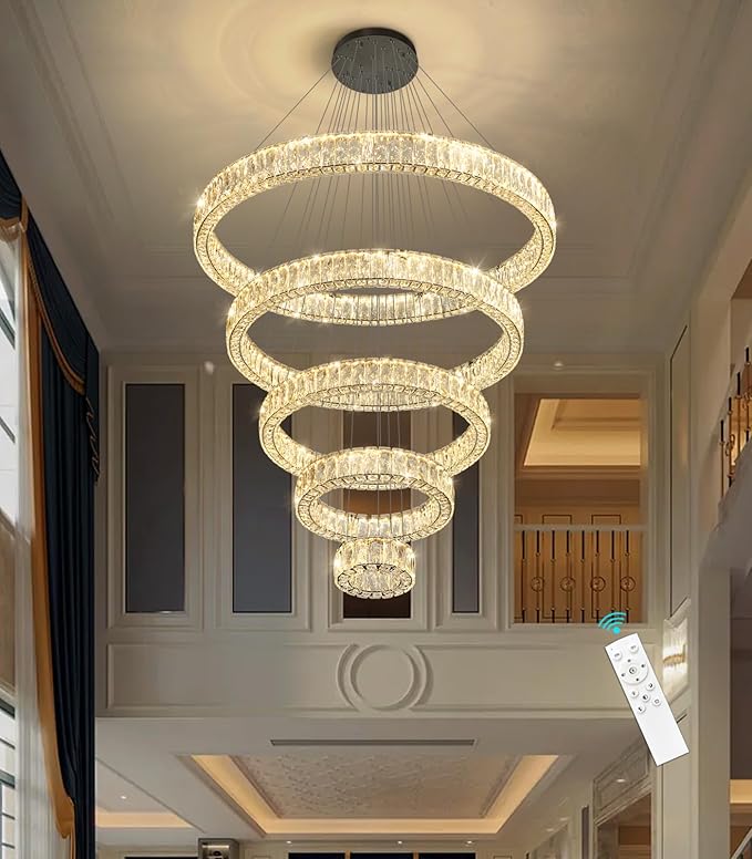 HAIXIANG 5-Rings Modern Chandelier with LED Dimmable Lights Crystal High Ceiling Chandeliers Lighting for Living Room Foyer Entryway Luxury Indoor Light Black Fixtures