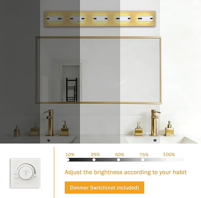 LED Bathroom Light Fixtures, 5-Light Modern Vanity Lights with Milky White Frosted Acrylic Shades, Gold Bathroom Lighting fixtures Over Mirror, ETL Listed, 35W (Cool White 5700K)