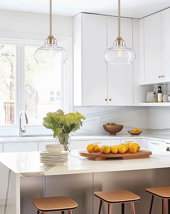 Kira Home Harlow 9" Modern Schoolhouse Pendant Light with Clear Glass Shade, Industrial Farmhouse Gold Hanging Light with Schoolhouse Glass, Cool Brass Finish