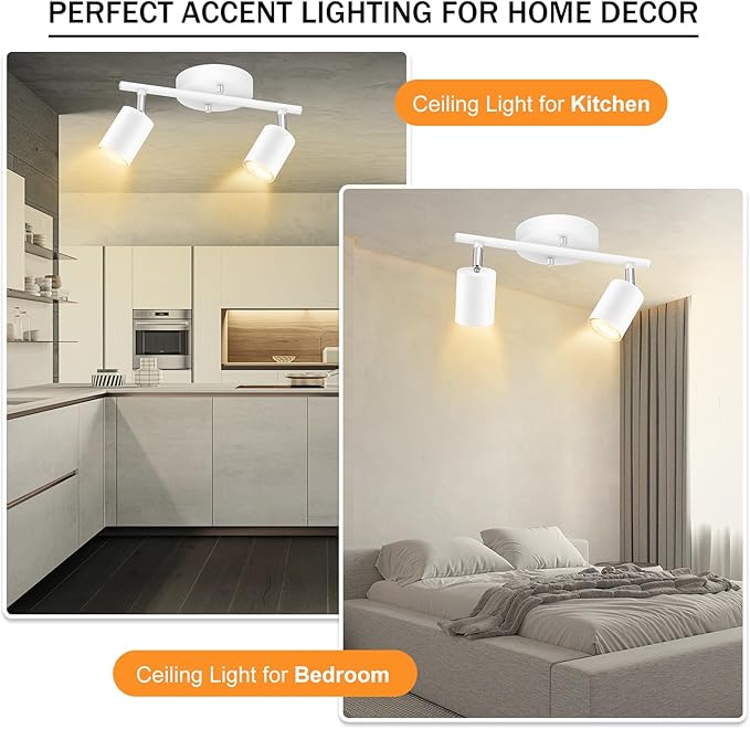Track Lighting Fixture Ceiling White, Modern LED Track Lights Kit, 2 Lights Ceiling Lighting for Kitchen, Rotatable Spotlight Heads, Wall Mount Spot Lighting for Island/Bedroom(GU10 Socket, NO Bulb)