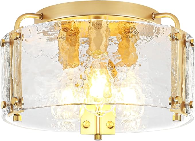 TOULMJ 15'' Modern Gold Semi Flush Mount Ceiling Light, 3-Light Hammered Glass Kitchen Ceiling Lighting Entryway Light Fixtures Ceiling Lamp for Hallway Foyer Bathroom Laundry Dining Room Bedroom