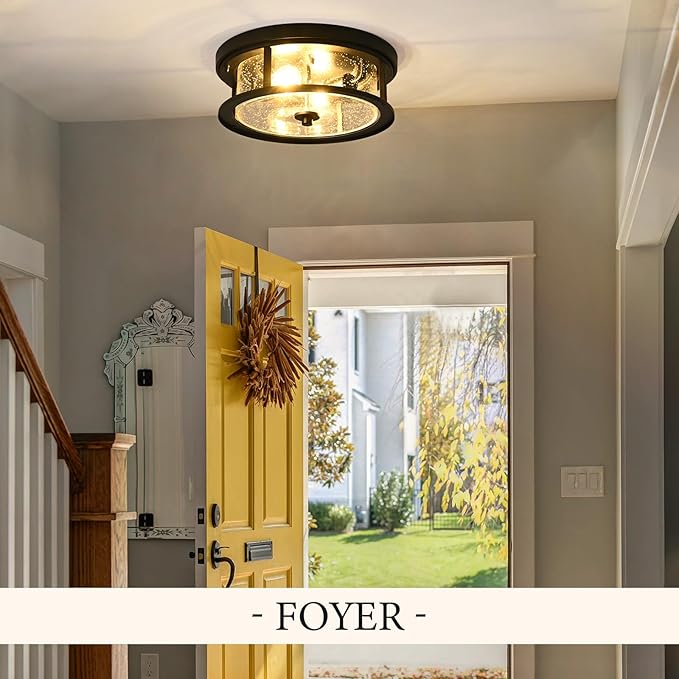 Black Ceiling Light Fixtures Flush Mount Light, 2 Bulb with Glass Flush Mount Ceiling Lights Fixture Bedroom, Indoor Outdoor Ceiling Lights for Porch Hallway Kitchen