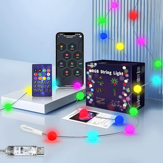 Christmas String Lights Indoor RGB Smart Twinkle Light 32.8Ft 66LEDs with Music Sync RF Remote APP Control, USB Powered Color Change Fairy Lights for Garden Bedroom Party Valentine's Day Decor