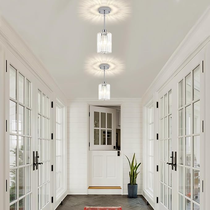 2 Pack Chrome Crystal Pendant Lights Kitchen Island, Modern Kitchen Pendant Lighting Over Island Dining Room Light Fixtures Adjustable Hanging Pendant Light for Bathroom Hallway Entryway Bedroom Foyer