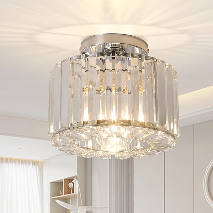 Crystal Ceiling Light, Chrome Ceiling Lamp, Semi Flush Mount Ceiling Light, Small Hallway Lamp, Entryway Crystal Chandelier for Dining Room,Bedroom,Kitchen