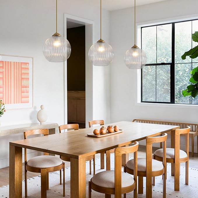 Modern 1 Light Clear Glass Pendant Lights Kitchen Island Large Brushed Gold Pendant Light Vintage Adjustable Height Hanging Globe Ceiling Light Fixture for Dining Room Bedroom Hallway MPL30-B