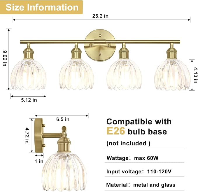 Vintage Bathroom Light Fixtures,4-Light Hardwired Vanity Lights with Clear Tulip Glass Shade,Gold Bathroom Vanity Light for Mirror Restroom,E26 Socket,25.2 in(Bulbs Not Included)