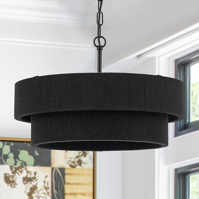 20” Black Hand Woven Rattan Chandelier Boho Pendant Light Adjustable Modern Pendant Light for Kitchen Island Dining Living Room, UL Listed