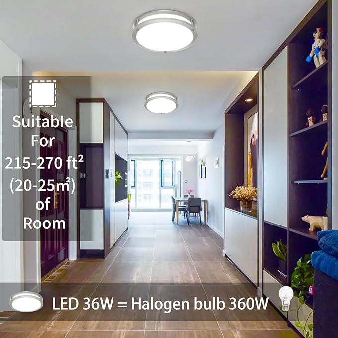 2 Pack 36W Ceiling Light Fixture Brushed Nickel, 13in LED Ceiling Light, Flush Mount Light Fixture No Flicker, 5000K Ceiling Lights for Bedroom Bathroom Stairwell Kitchen Super Bright 3600 LM