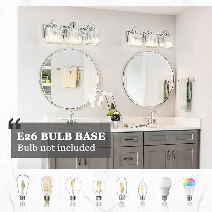3-Light Modern Bathroom Light Fixture Chrome Vanity Lights Over Mirror Wall Sconce Lighting with K9 Crystal Shades Bathroom Wall Lamp E26 Base for Bedroom, Living Room, Hallway, Cabinet