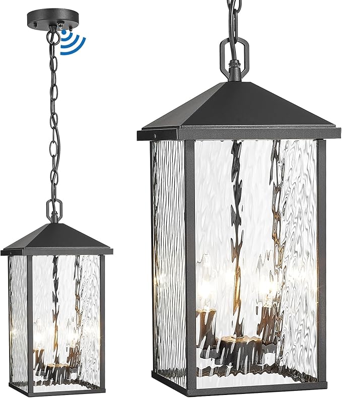 Large Outdoor Pendant Light Black Hanging Light Fixture Ceiling Mount 2-Light Dusk to Dawn, Modern Large Outdoor Chandelier Exterior Pendant Lights with Water Ripple Glass for Porch Patio