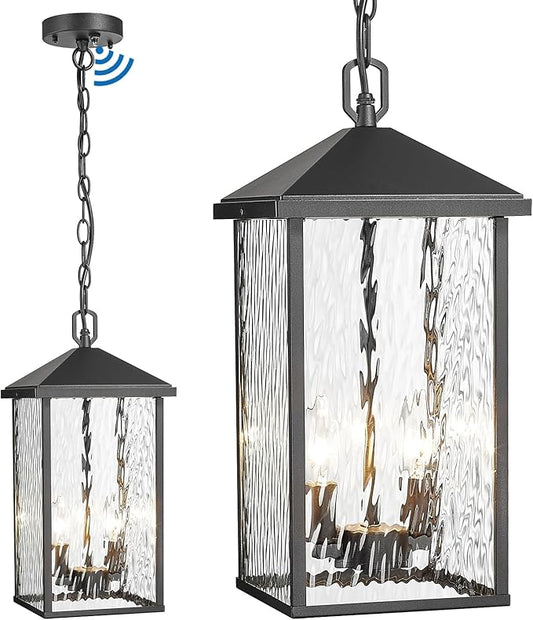 Large Outdoor Pendant Light Black Hanging Light Fixture Ceiling Mount 2-Light Dusk to Dawn, Modern Large Outdoor Chandelier Exterior Pendant Lights with Water Ripple Glass for Porch Patio