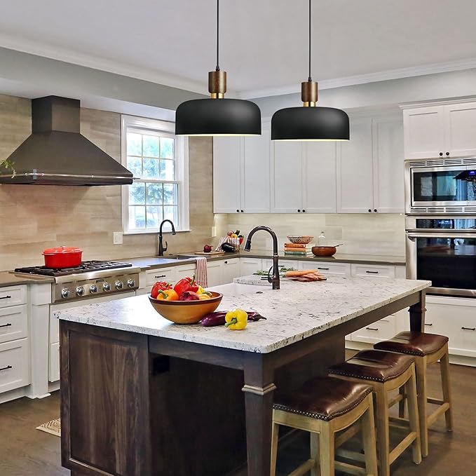 Modern Black Pendant Light Over Kitchen Island,Industrial Pendant Lighting,Adjustable Wood Ceiling Hanging Light Fixture for Dining Room,Living Room,Bedroom,Hallway,Sink,Bar