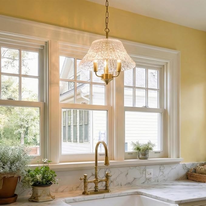 Modern Large Brass Gold Clear Glass Pendant Light Fixture 15.08 Inch Bronze Hanging Lamp for Kitchen Island Ceiling Dining Table Foyer Hallway Entry E12 Base,UL Socket Hardwired Lampara