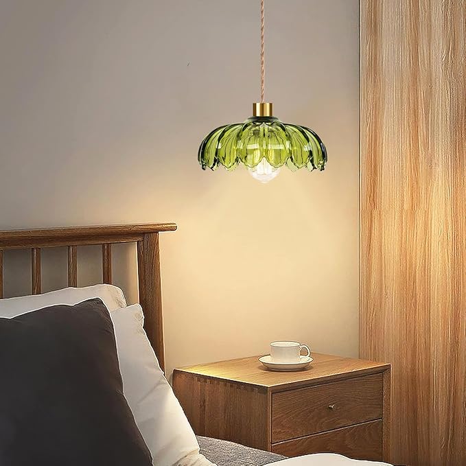 QIYIZM Plug in Pendant Light Hanging Lights with Plug in Cord Boho Hanging Lamp Glass Gold Mid Century Modern Vintage Dimmable Green Flower Plug in Chandelier Ceiling Fixture for Living Room,Kitchen