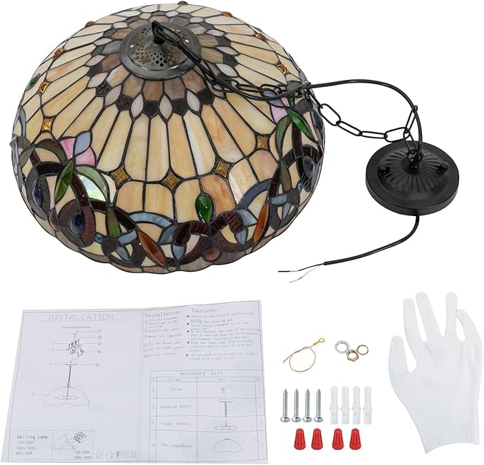 Vintage Pendant Light Fixtures, 16Inch Stained Glass Hanging Lamp 100-240V Antique Style Ceiling Mount Light for Dining Room Living Room Kitchen Entryway-E26