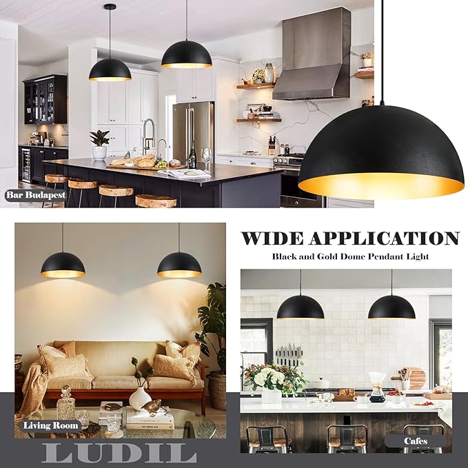 16 Inch Industrial Pendant Lighting for Kitchen Island, Black and Gold Metal Dome Pendant Light Fixtures, Hemispherical Hanging Ceiling Light E26 Base for Reading Dining Room Foyer Cafe, 2 Pack