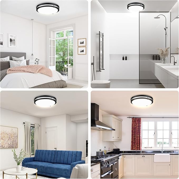 Energetic 14 Inch LED Flush Mount Ceiling Light Fixture, 3000K/4000K/5000K Color Adjustable, Dimmable Ceiling Light for Bedroom, Kitchen, Bathroom, Hallway, Garage, 24W, 1560LM, Black, ETL, 1 Pack