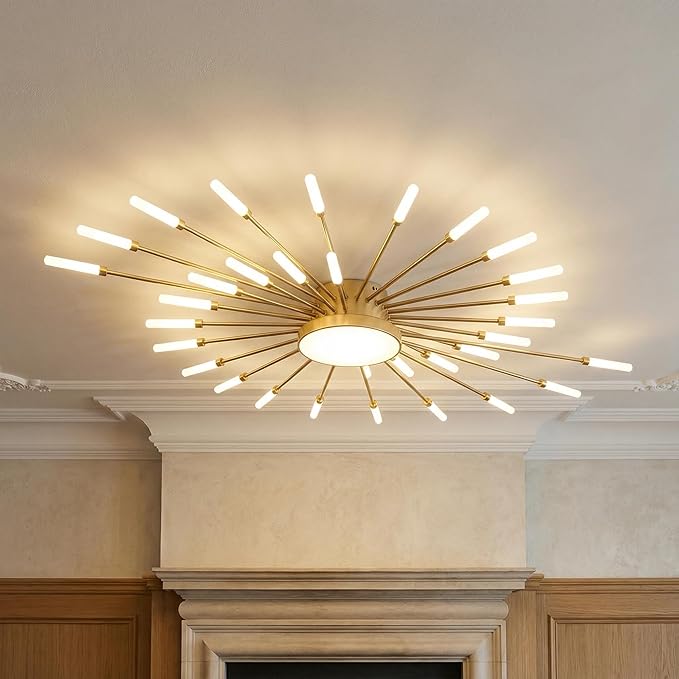 Modern Ceiling Light LED Flush Mount Ceiling Light for Living Room,Kitchen,Dining Room,Bedroom Fireworks Design Dimmable with Remote Control & Memory Function Lighting Fixture (Gold,28 Light)
