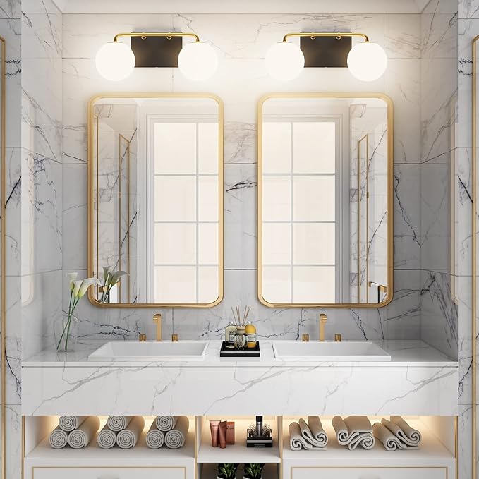 Tipace 2 Lights Mid Century Vintage Bathroom Vanity Light Fixtures Over Mirror Black Gold Industrial Vanity Lights with Milk White Glass Globe Farmhouse Bath Lighting(Exclude Bulb)