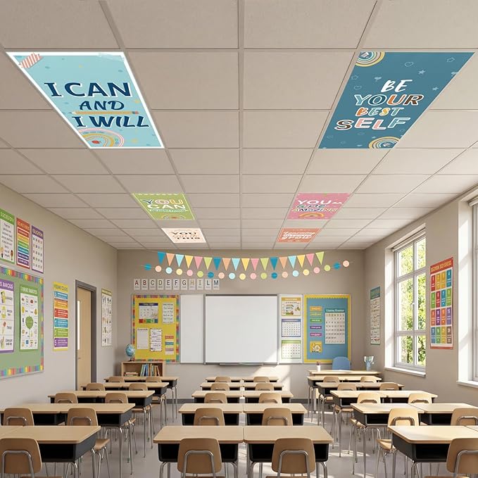 8Pcs Back to School Light Covers Decorations Set: 6Pcs Fluorescent Light Filters with 60 Magnets for Ceiling Colorful Triangle Dot Banner, Welcome First Day Decor for Classroom Office Party Supplies