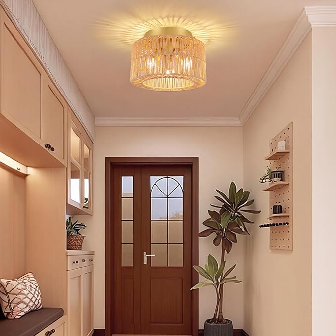 Boho 3-Light Farmhouse Rattan Ceiling Light, Gold Flush Mount with Hand-Woven Shade, Modern Chandelier for Living, Bedroom, Entryway, Kitchen Isalnd