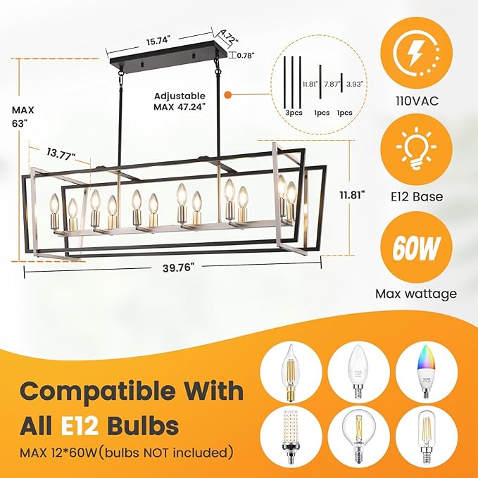 Farmhouse Dining Room Light Fixture/Chandelier Over Table, 12-Light Kitchen Island Lighting, Rectangle Pendant Lights Kitchen Island, Black and Sliver Hanging Chandeliers for Dining Room