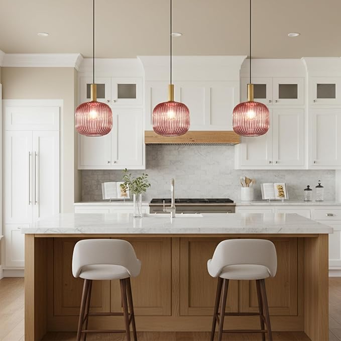 Pink Plug in Pendant Light, 9.8" Mid-Century Modern Ribbed Glass Hanging Lamp with 15ft Cord & On/Off Switch, Hand-blown Striped Glass Pendant Lighting for Bedroom, Kitchen Island, Dining Room