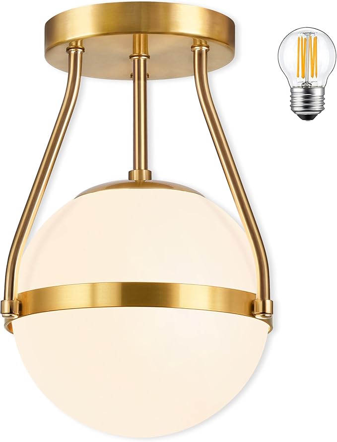 Bagood Globe Semi Flush Mount Ceiling Light Mid Century Modern Globe Ceiling Light Fixture with Milk Glass Shade Brass Finish for Living Room Hallway Kitchen Island Dining Room Laundry (Bulb Incl.)…