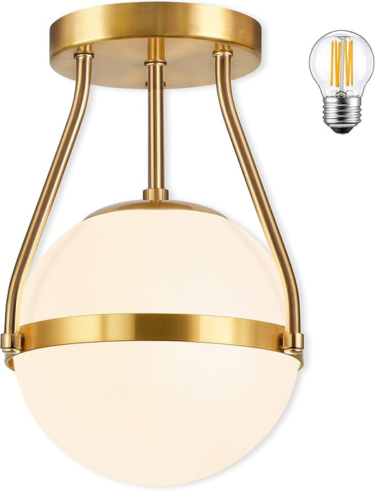 Bagood Globe Semi Flush Mount Ceiling Light Mid Century Modern Globe Ceiling Light Fixture with Milk Glass Shade Brass Finish for Living Room Hallway Kitchen Island Dining Room Laundry (Bulb Incl.)…