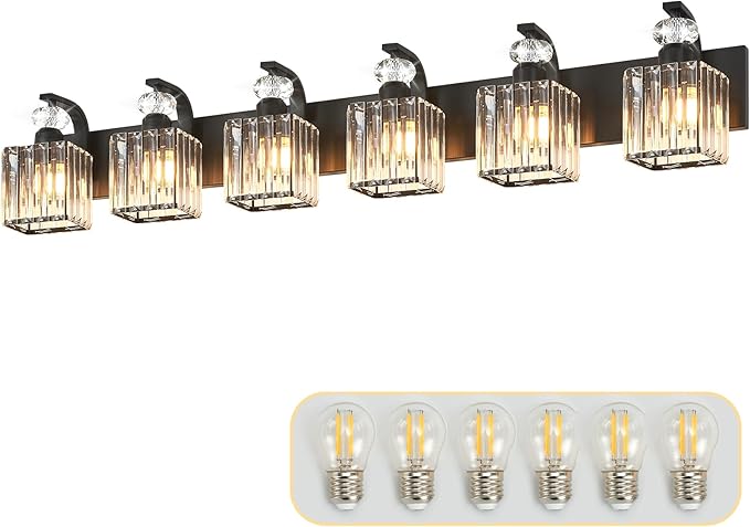 Modern Bathroom Vanity Light, 6-Light Black Bathroom Lighting Fixtures Over Mirror, 44.1" Crystal Wall Light Sconce for Bathroom/Bedroom/Vanity, Includes LED Bulbs, Easy Installation