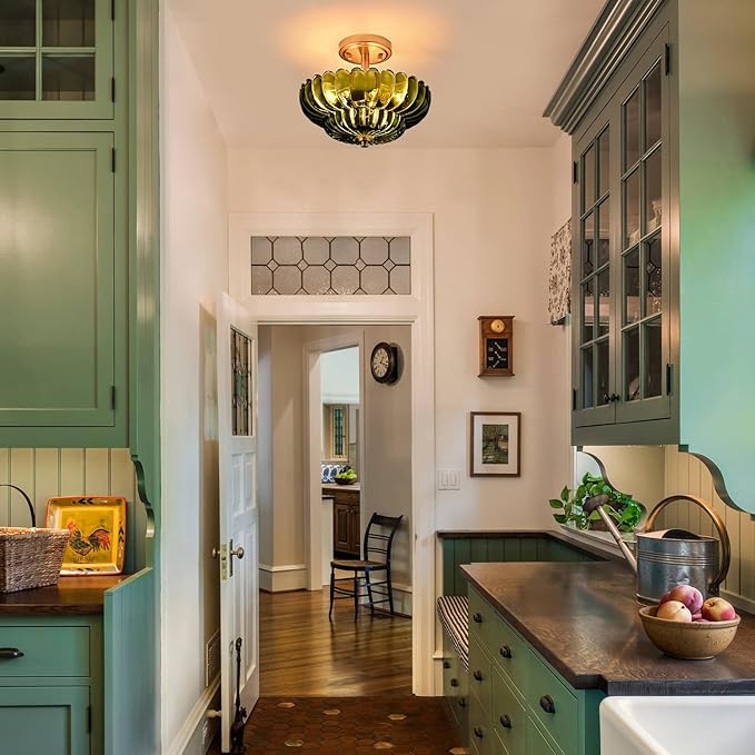 Semi Flush Mount Ceiling Light Fixture, Green Glass 3-Light Modern Vintage Ceiling Lights, Scalloped Close to Ceiling Light, Gold Base Flush Mount Ceiling Light for Hallway Bedroom Entryway Kitchen