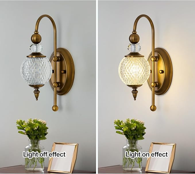 Vintage Gold Wall Sconce with Acrylic Globe Shade Brushed Brass G9 Bulb Vanity Light Indoor Wall Light for Bathroom Bedroom Hallway Living Room