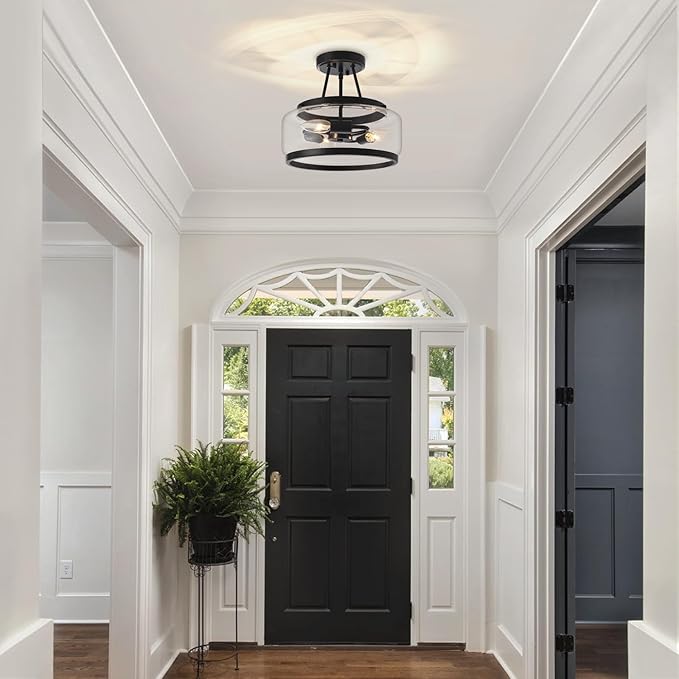 11.81" Black Glass Semi Flush Mount Ceiling Light, 3-Light Modern Light Fixture, Hallway Ceiling Lights, Ceiling Lamp for Entryway Bedroom Laundry Kitchen Dining Room Close to Ceiling Light Fixtures
