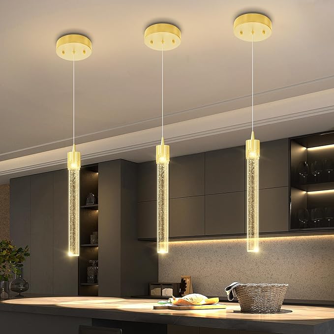 ykolupty Mini Chandelier Modern LED Gold Pendant Lights for Kitchen Island Small Crystal Hanging Light Dimmable 2700k-6000k