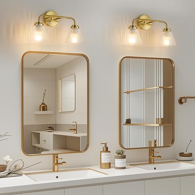Modern Bronze Bathroom Vanity Light, 2-Light Wall Sconce with Clear Ribbed Glass Shades, Farmhouse Industrial Light Fixture for Bathroom, Vanity Mirror, Powder Room, Hallway (bronze, Eletroplate, 2)
