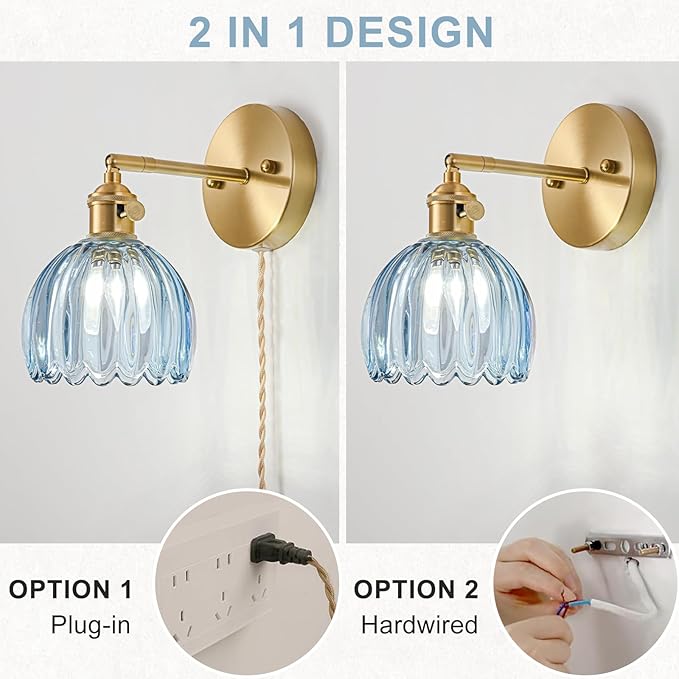 Plug in Wall Sconces Set of 2, Vintage Wall Sconce Light with Tulip Denim Blue Glass Lampshade, Bedroom Wall Sconce with Switch and Plug in wall lamp Cord, Gold Wall Light Wall Decor Set of 2