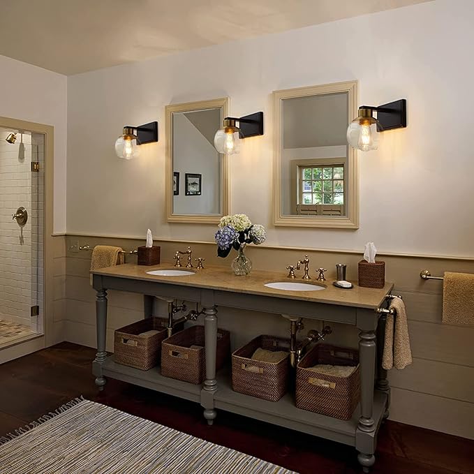 Bathroom Sconces Set of 2, Black and Gold Wall Sconces Set of Two, Bathroom Vanity Light with Clear Glass Shade, Modern Wall Light Fixtures for Bath Mirror Hallway Bedroom Living Room, Hardwired