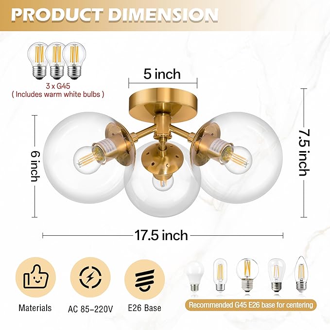 3-Light Modern Gold Semi Flush Mount Ceiling Lights Clear Glass Globe Ceiling Lights Mid Century Brass Chandelier Modern Sputnik Ceilings Light Fixture for Bedroom Hallway Entryway Living Room