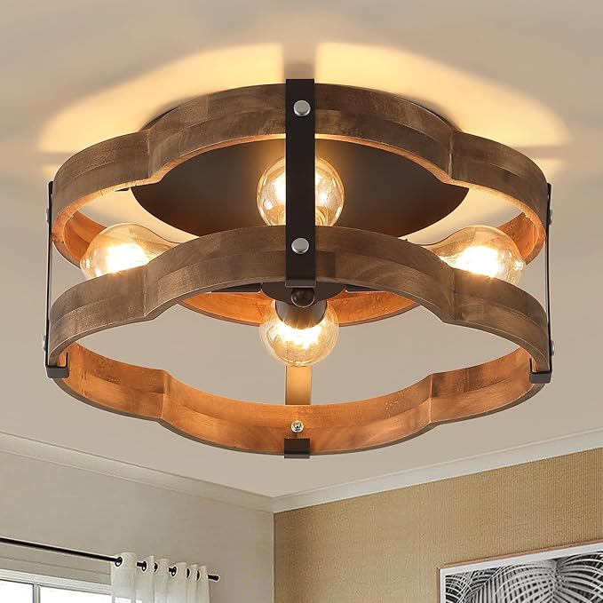 4-Light Rustic Farmhouse Wood Flush Mount Ceiling Light Fixture 14.17 inch Oak Wood and Metal Cloud Cage Semi Flush Mount Ceiling Light for Hallway Hall Entry Bedroom Farmhouse Indoor, Black