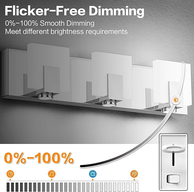 SOLFART Bathroom Lighting Fixtures Over Mirror Chrome 3 Light Bathroom Vanity Light Dimmable LED Lights Stainless Steel Acrylic