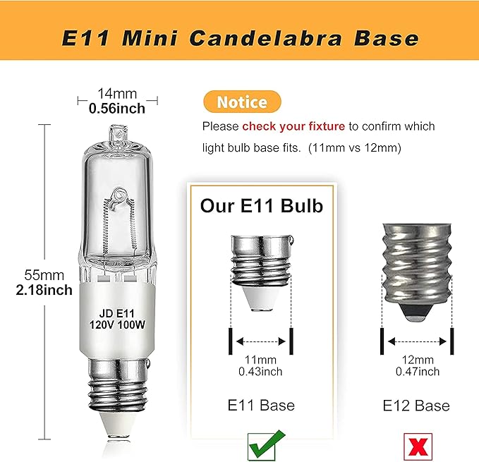 4 Pack JDE11 Bulb,120V 50W Halogen Mini Candelabra Bulbs,T4 JD E11 Bulb Dimmable 2700K Warm White(Replacement E11 LED Bulbs) for Chandeliers,Candelabra,Ceiling Fan,Table Lamps,Cabinet Lighting