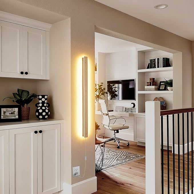 Modern Plug in Long Wall Sconce, 31.4 inch Faux Wood Texture Finish LED Wall Lights, 16W Warm White 3000K Acrylic Indoor Wall lamp, with 59" Plug Cable for Bedroom, Living Room, Hallway