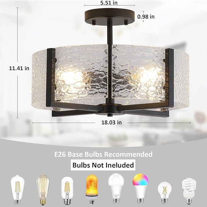 18" Black Large Semi Flush Mount Ceiling Light, 4-Light Farmhouse Ceiling Light, Foyer Light Fixtures Modern Glass Ceiling Mount for Entryway Bathroom Hallway Bedroom Kitchen