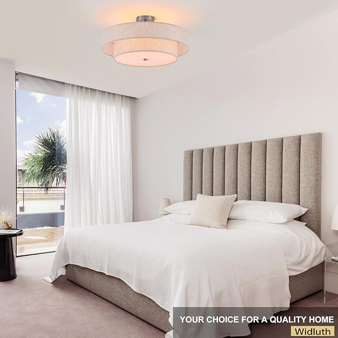 21.7" Modern Semi Flush Mount Ceiling Light 4-Lights Linen Drum Ceiling Lighting with Chrome Finish, Vintage Ceiling Light Fixture for Laundry Room, Kitchen, Living Room, Dining Room, Bedroo