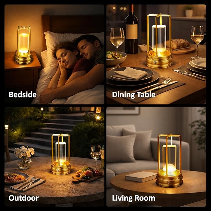 4 Pack Gold Cordless Table Lamp - Portable Rechargeable Lamp, Wireless Lamp for Restaurant Home Dinner Dining Kitchen Outdoor Patio with Metal Construction