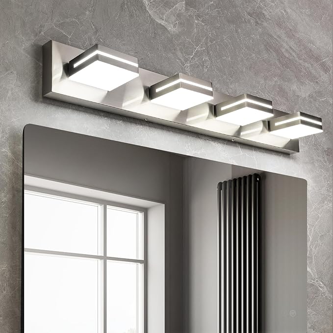 OKELI 4 Light Bathroom Vanity Light Brushed Nickel Modern 32W LED Dimmable Vanity Light Over Mirror 350° Adjustable Lamp Head Cold White 6000K ETL Listed 30Inch