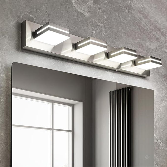 OKELI 4 Light Bathroom Vanity Light Brushed Nickel Modern 32W LED Dimmable Vanity Light Over Mirror 350° Adjustable Lamp Head Cold White 6000K ETL Listed 30Inch