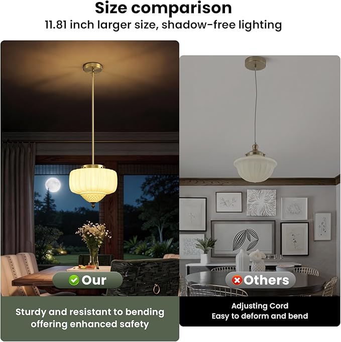 Green Glass Pendant Light, 11.8 inch Pendant Light Fixture with Floral lampshade, Height Adjustable Brushed Gold Vintage Hanging Lamp for Dining Room Kitchen Island Bedroom Living Room Entryway